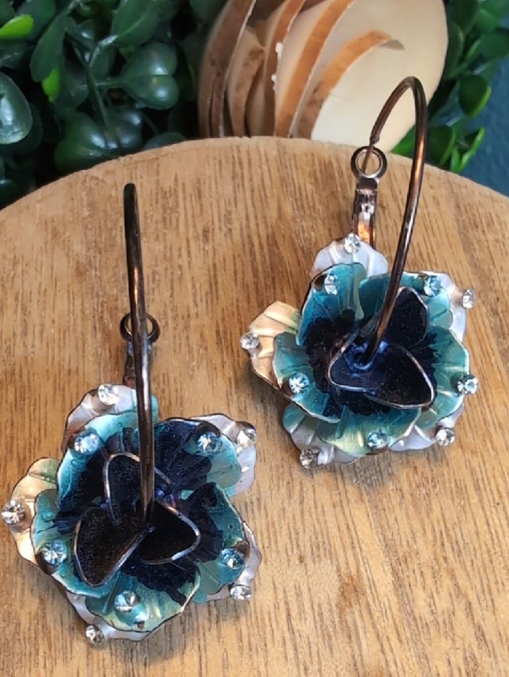 Metal 3D Sculpted Blue Flowers W/ Rain Drop Crystal Accents- Sliding Hoops